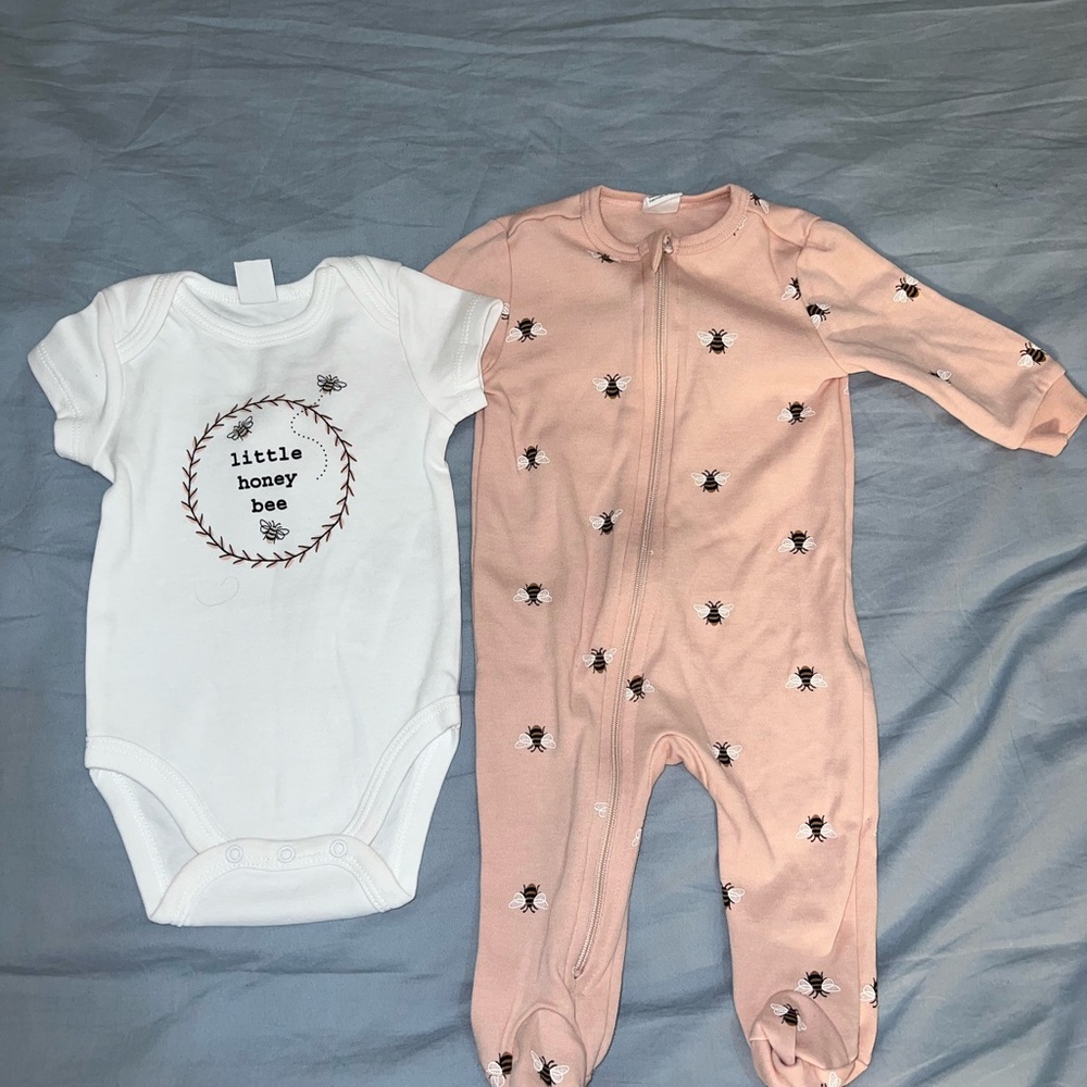 Little Honey Bee Pink and White Baby One Piece Set